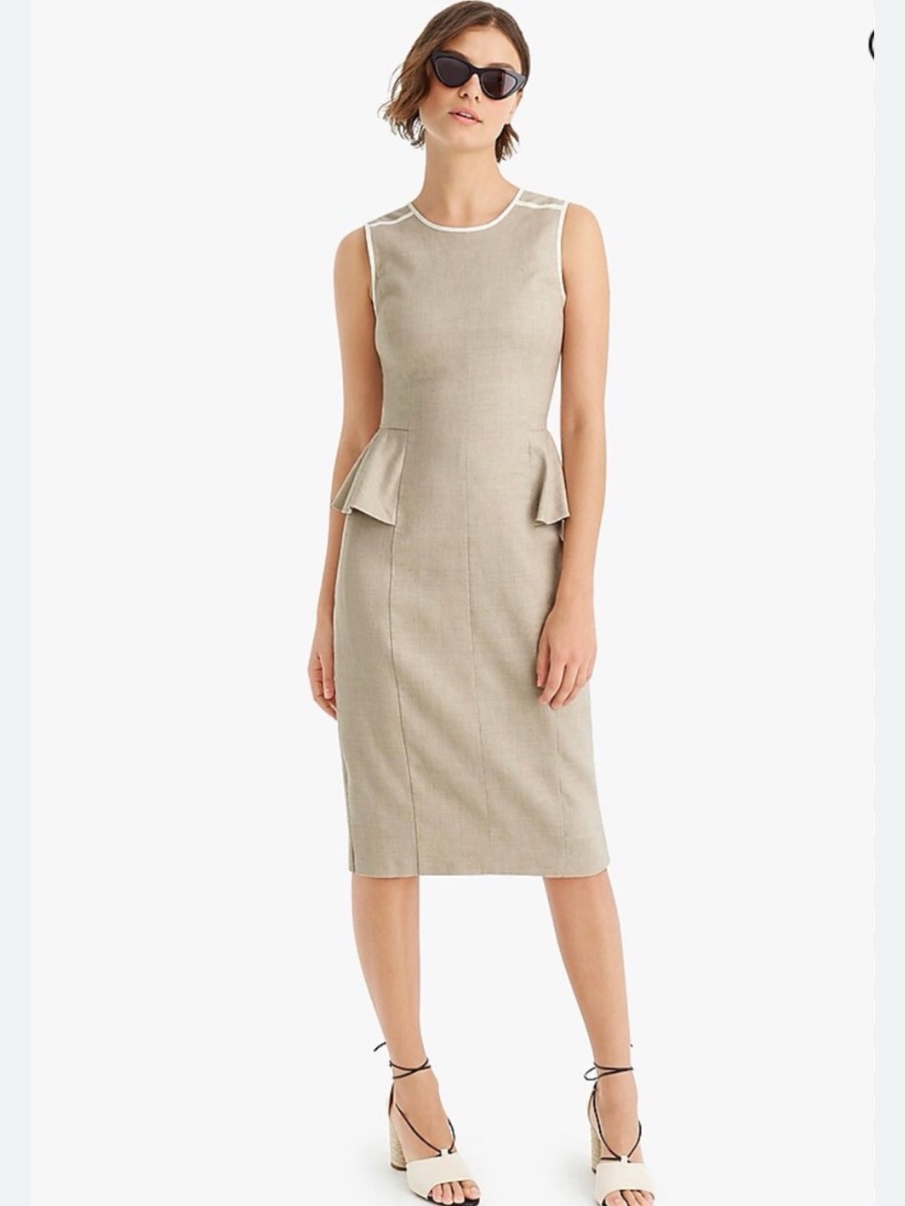J. Crew Sleeveless Beige Peplum Midi Dress with Contrast Trim